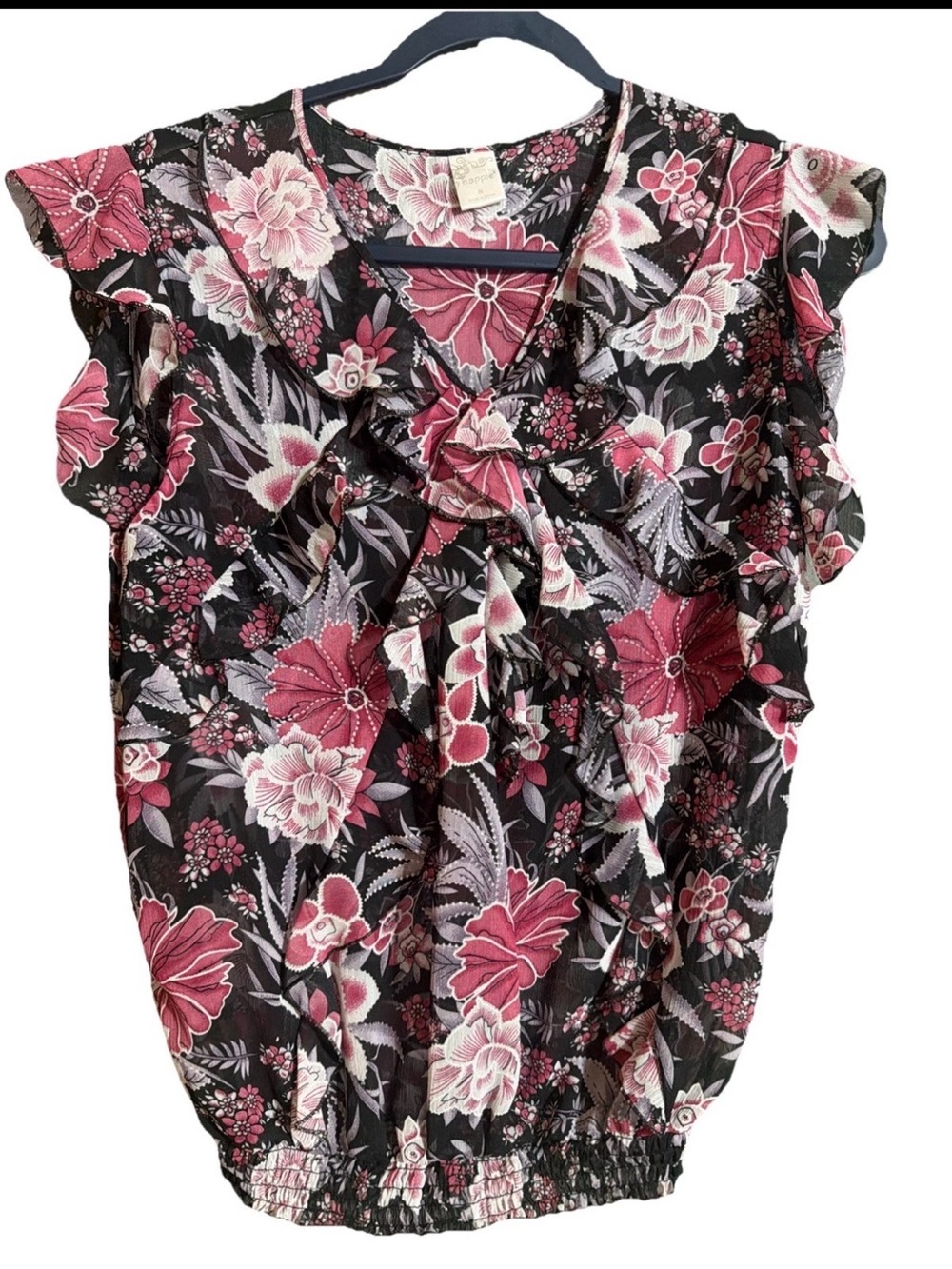 Floral chiffon Ruffle vneck Women’s Top - Pink on Black Y2K